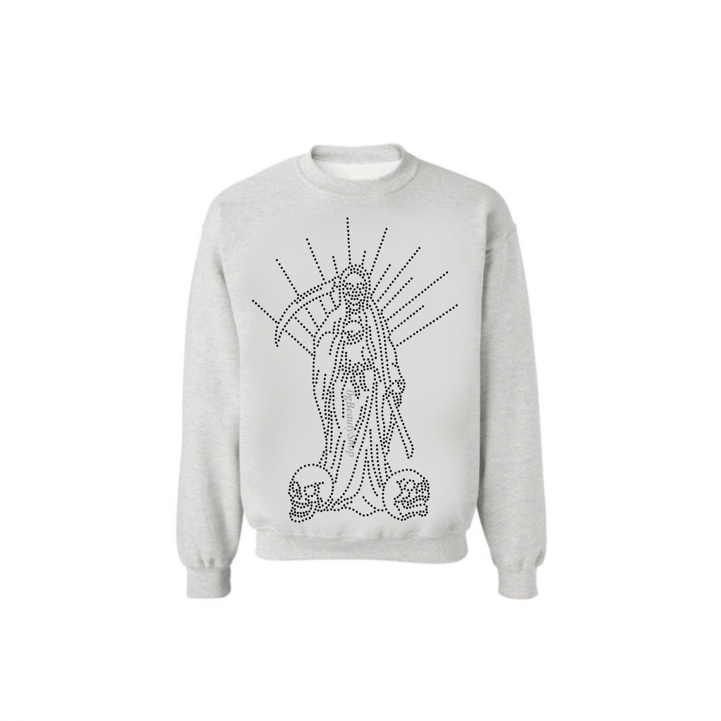 SANTA MUERTE RHINESTONE CREWNECK (LIGHT GREY)