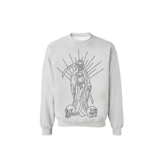 SANTA MUERTE RHINESTONE CREWNECK (LIGHT GREY)